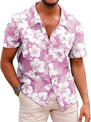 Men’s Hawaiian Floral Shirt Summer Casual Button Down Beach Vacation Top