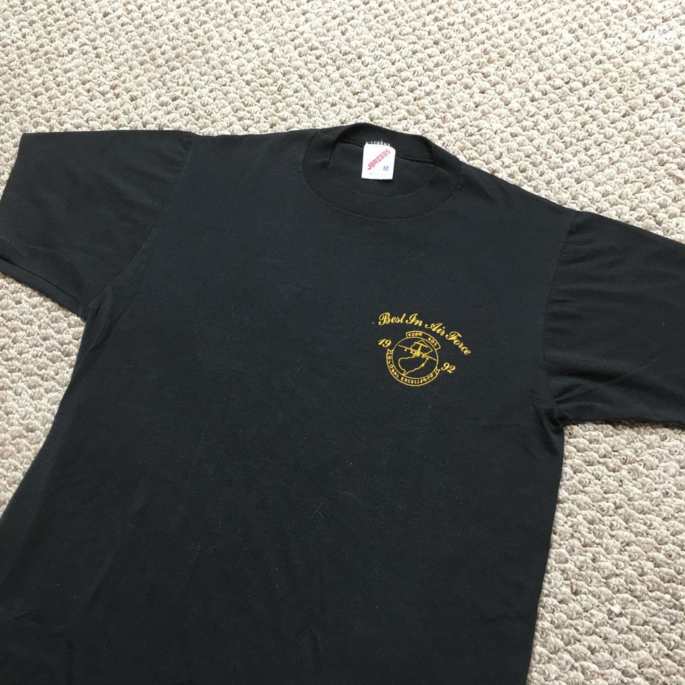 Vintage 90s Jerzees Best In Air Force T-Shirt Mens Small Black 38th AGS 1992