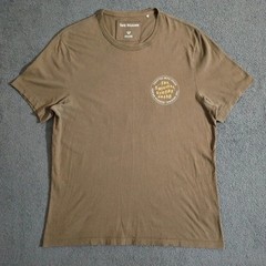 True Religion T Shirt Mens L Khaki Brown Wavy Buddha Logo Gold Graphic Print S/S