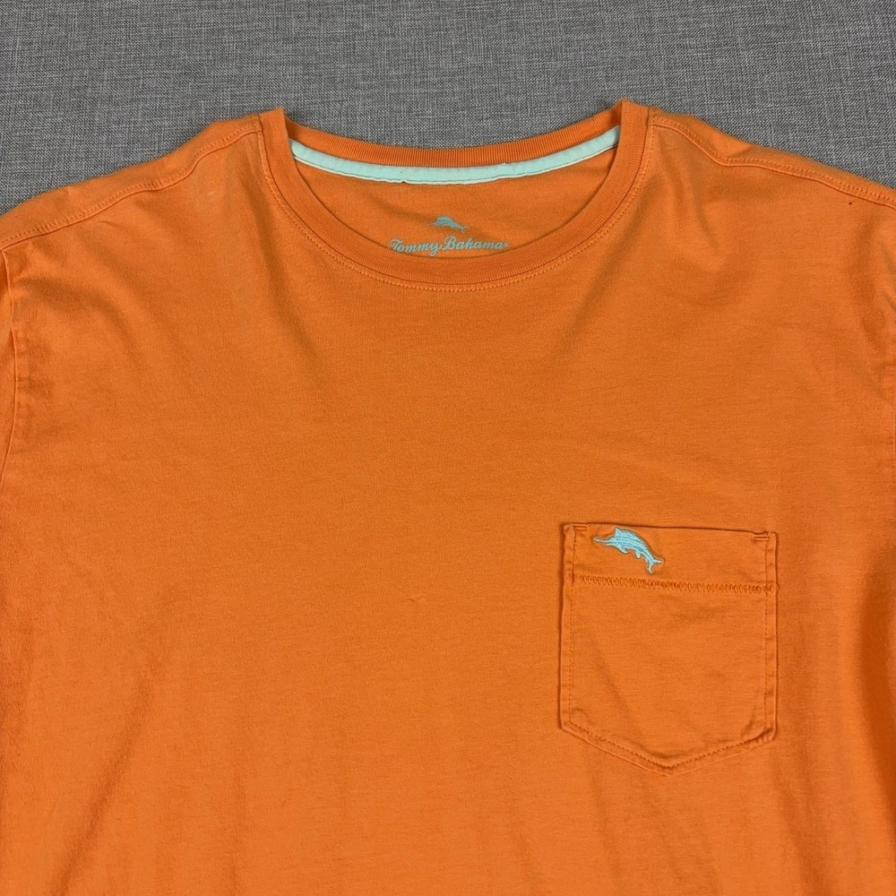 Tommy Bahama Shirt Mens M Orange Pima Cotton Pocket Tagless Logo Jersey Crewneck