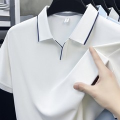 Men Contrast Trim Short Sleeve Lapel V Neck T Shirt for Business Casual Use