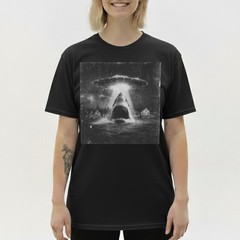 Funny Shark Abduction T-Shirt UFO Alien Vintage Art Sci-Fi Graphic Tee S-5XL
