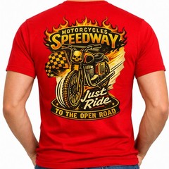 Motorcycle Speedway Just Ride Open Road Flaming Skull Racing Biker T-Shirt.