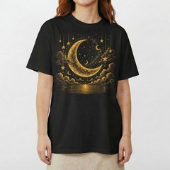 Golden Crescent Moon Stars T-Shirt Mystic Night Sky Reflection Tee