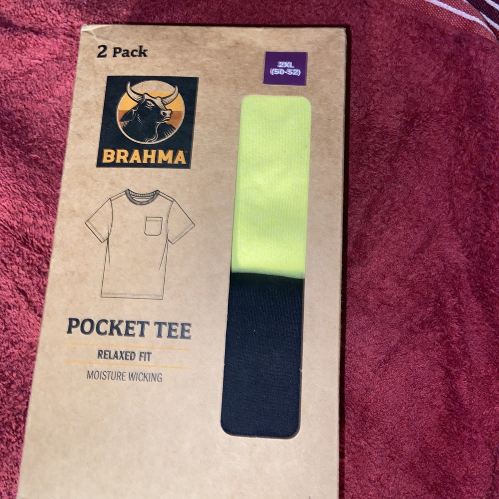 Brahma T-Shirt 2XL 50-52 Yellow & Black Pocket 2 Pack Relaxed Moisture Wicking