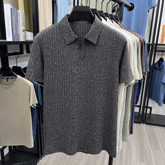 Men’s Breathable Knitted Polo Tee Short Sleeve V Neck Striped Fabric Lightweight