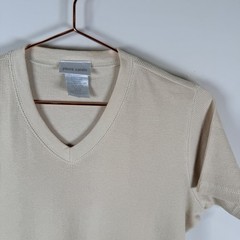 Pierre Cardin Medium Beige V-Neck Waffle Knit Short Sleeve T-Shirt Vtg Unisex
