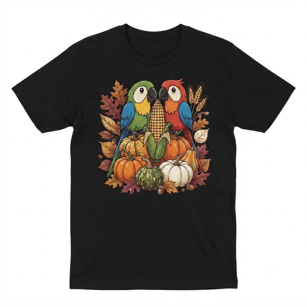 Autumn Harvest Macaw Parrots Pumpkin Patch Corn Fall Thanksgiving T-shirt