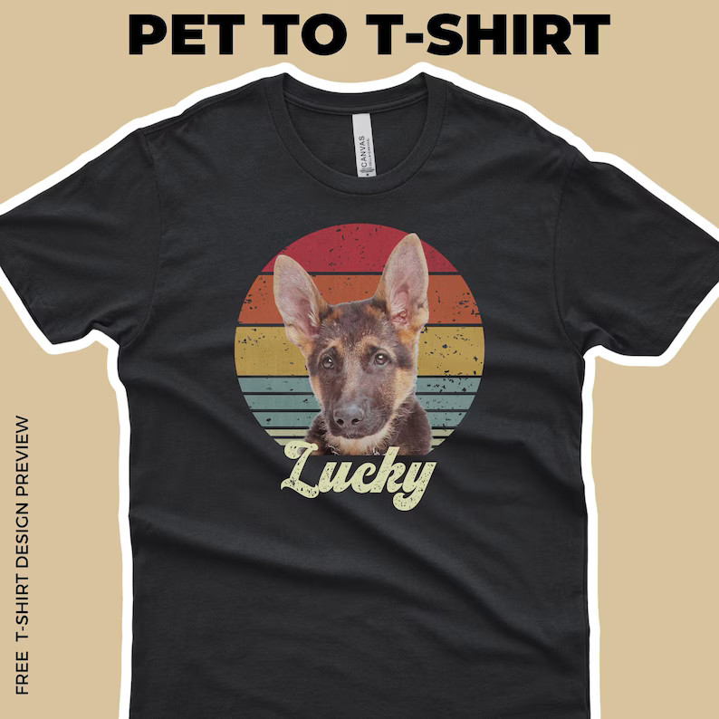 Custom Pet Portrait Retro Sunset Comfort Tee Personalized Dog Cat Pet Lover