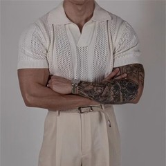 Men Hollow Lapel T Shirt Knitted Texture Fabric Korean Style for Daily Outings