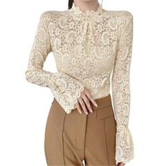 Women Long Sleeves Blouse Turtleneck T-shirt Stretch Lace Bottoming Tops