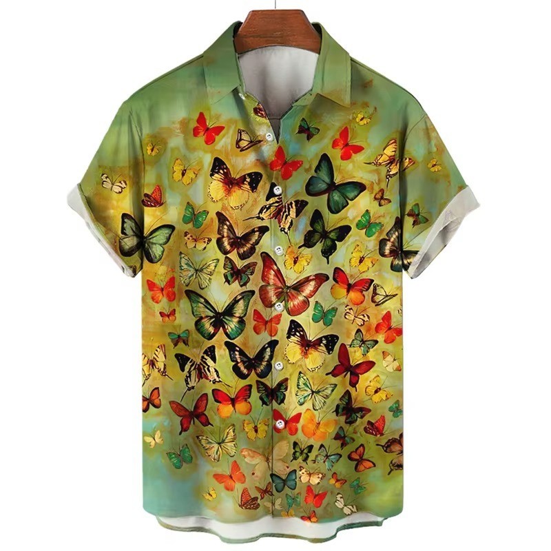 Mens Button Down Colorful Butterfly Print Hawaiian Top Novelty Summer Gift Shirt