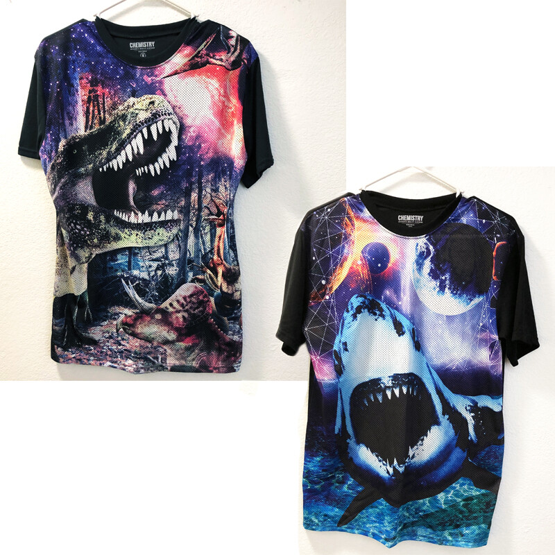 Chemistry Authentic Clothing Photo Real Shirt Sharks & Dinosaurs Size M 2pc LOT