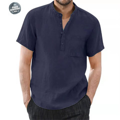 Men’s Cotton Linen Short Sleeve Casual Shirt Breathable Summer T-shirt Tee Gift