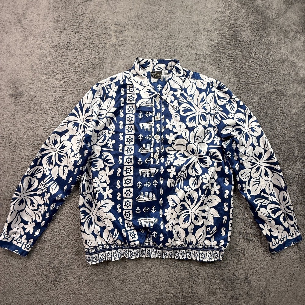 Vintage 80s Pyke Ltd Hawaiian Shirt Womens M Navy Blue Hibiscus Nautical Print