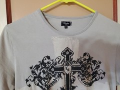 UNIFIED Gray Floral Cross Graphic Motif T Shirt Mens Sz Sm Designer Hand Crafted