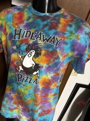 HIDEAWAY PIZZA Tiedye T SHIRT L Large Colorful Rainbow Peace Love Ranch Cotton