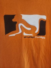 Vintage? DrunknMunky Orange Shirt Tee Mens Sz L Front Suede Like Logo Patch