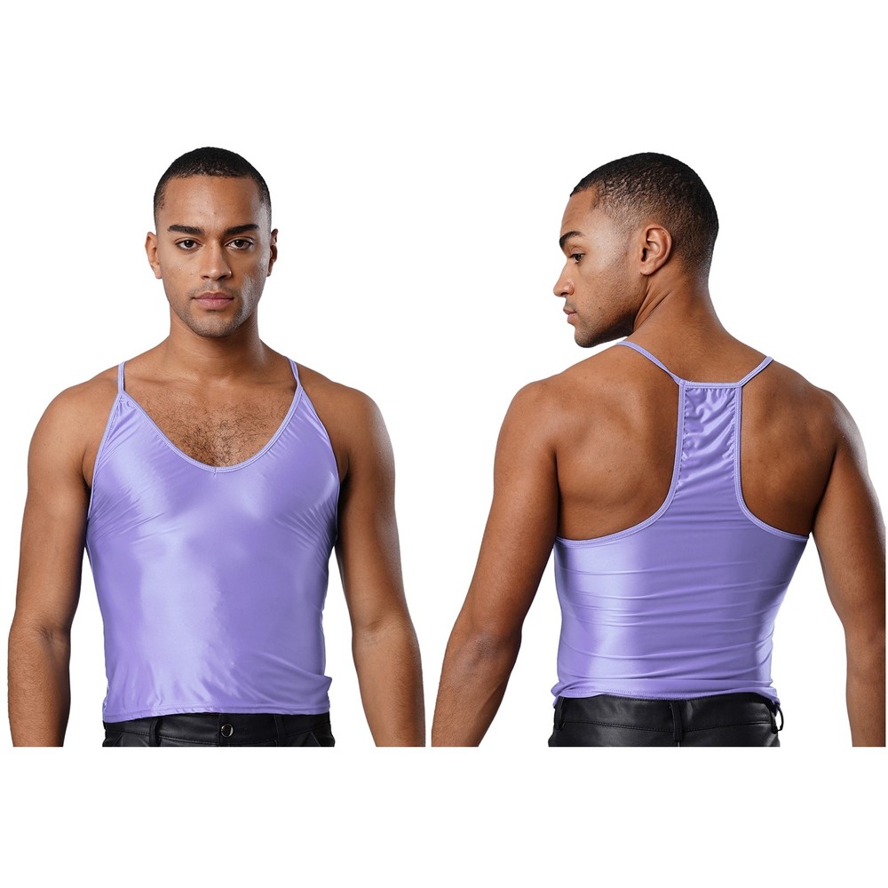 Mens Sling Crop Top Vest Glossy Sleeveless Camisole Bodybuilding Sports Clubwear