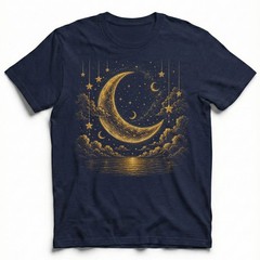 Golden Crescent Moon Stars T-Shirt Mystic Night Sky Reflection Tee