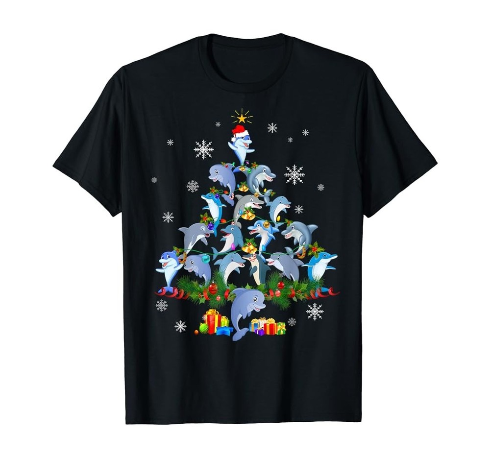 Cute Dolphin Christmas Tree Pet Dolphin Lover Christmas T-Shirt Full Size