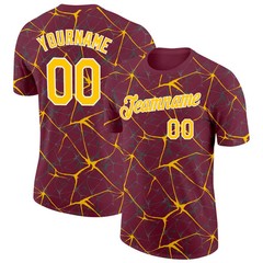Custom Burgundy Yellow Abstract Crackle Sports Tee Personalized Jersey Gift