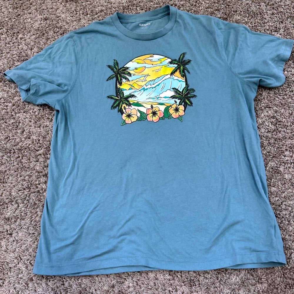 Old Navy Mens Large Teal Blue Tropical Beach Surf Graphic Soft Washed T-Shirt