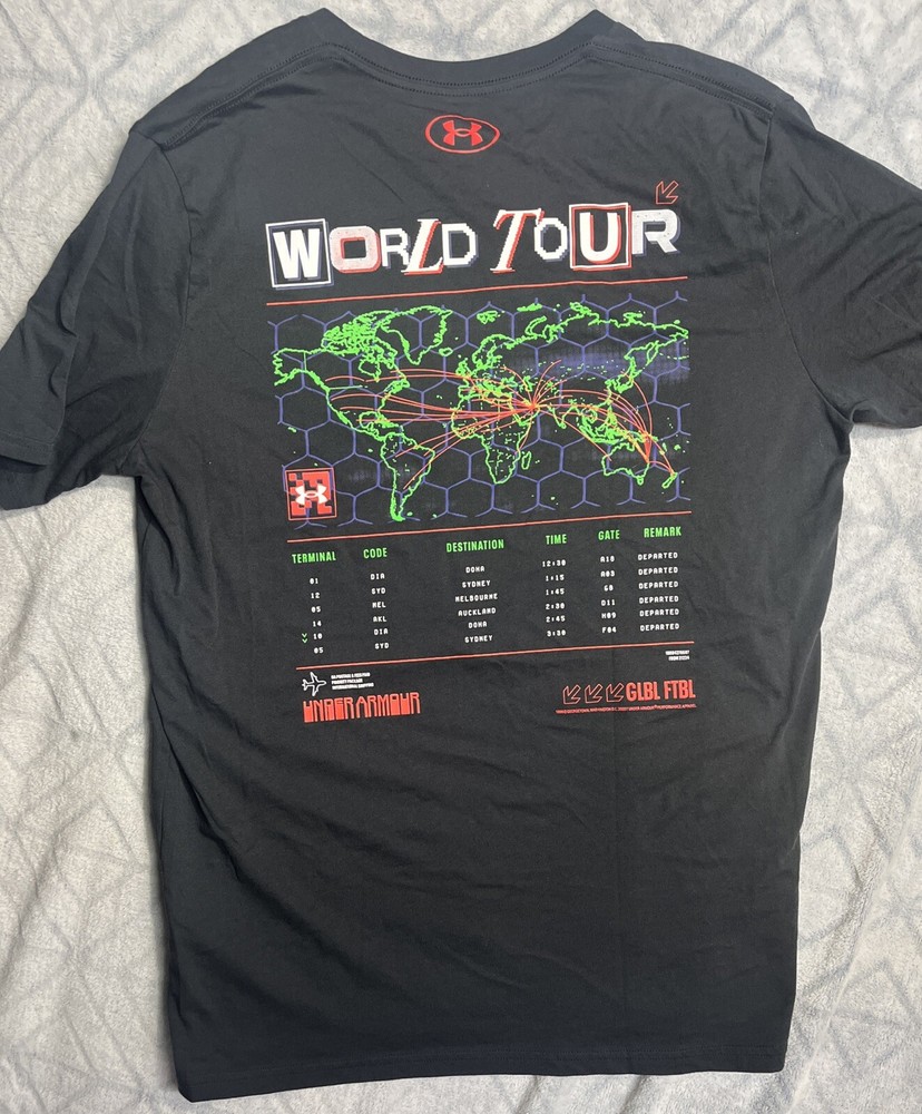 Under Armour World Tour Shirt Global Football Now Boarding Mens Size Large
