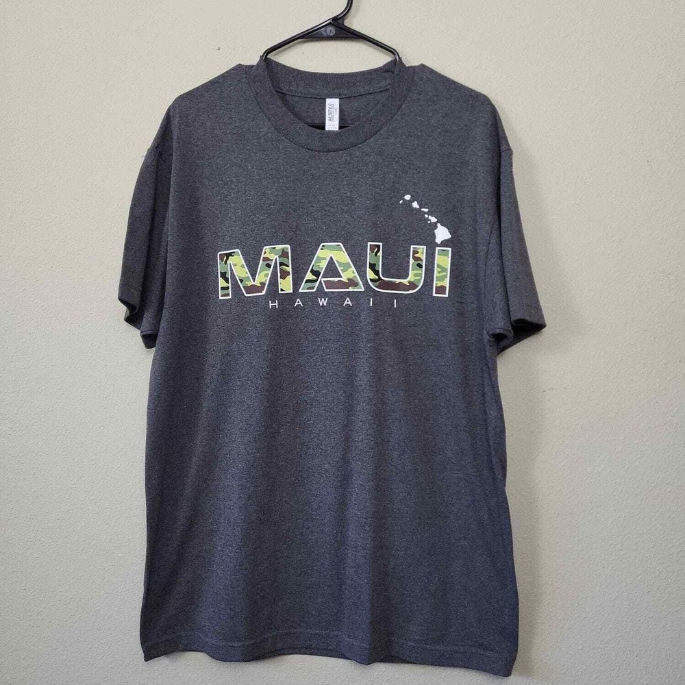 Unisex L Maui Hawaii Graphic Tee Shirt Charcoal Gray Marl With Camouflaged Logo