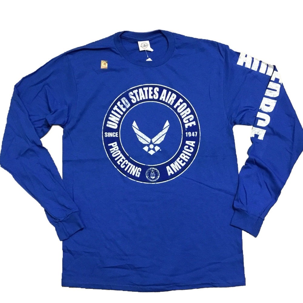 US Air Force Long Sleeve Blue T-Shirt Protecting America USAF Vet Sleeve Print