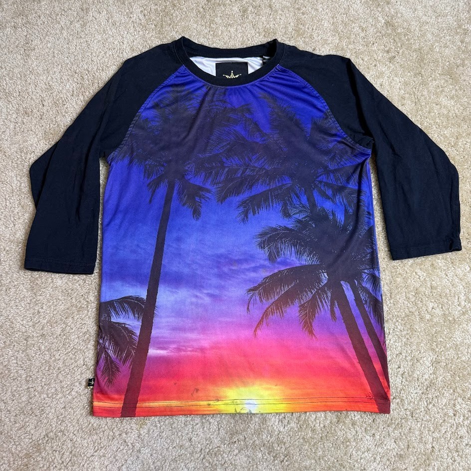Maxi Millian Snoop 71 Shirt Mens M Black Purple Sunset Graphic 3/4 Sleeve