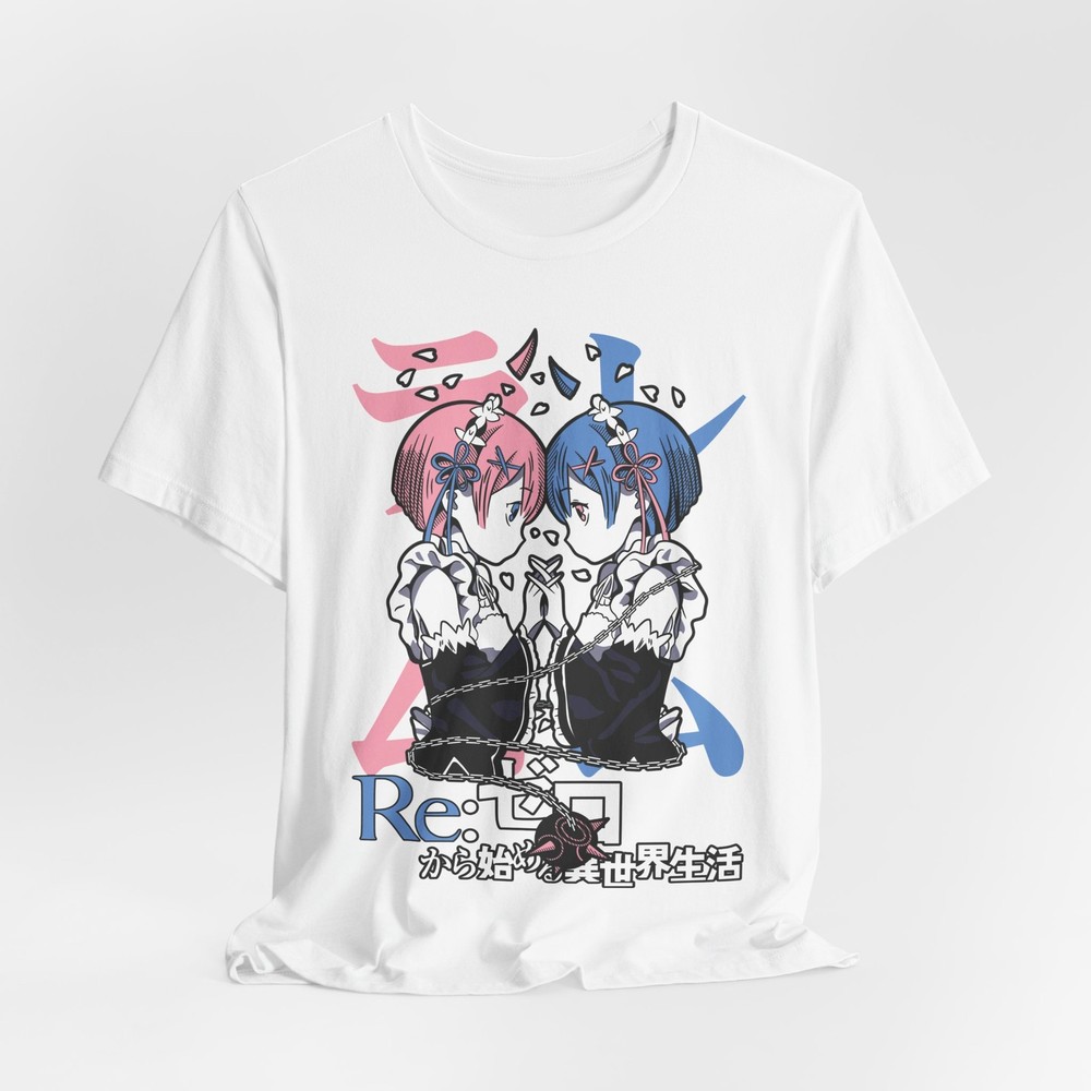 Twin Maids Re: Zero Anime Graphic T-Shirt | Pink Blue Character Art