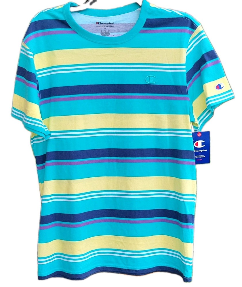Champion Men’s M Striped T-Shirt Retro Surf Skate Coastal Cotton NWT Blue Yellow