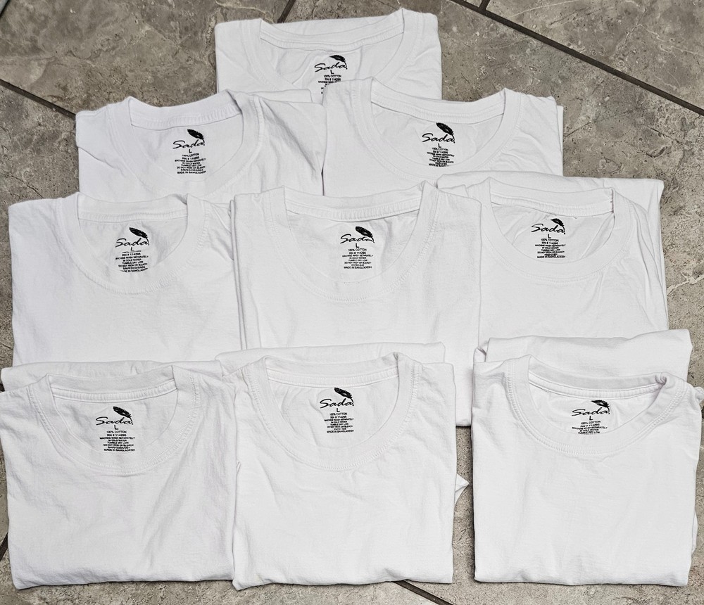 Lot of SADA White T-Shirts – 8 Short Sleeve + 1 Long Sleeve – Size Large
