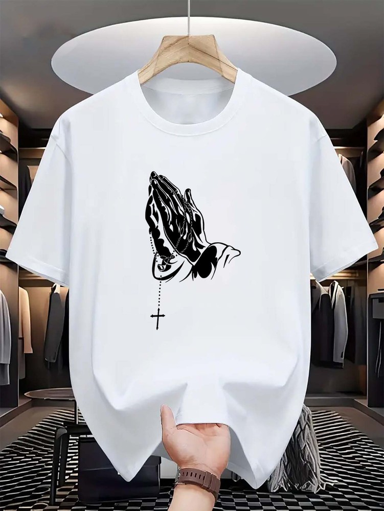 Men’S Prayer Hand Cross Print T-Shirt – Casual Wear for Church And Prayer TShirt