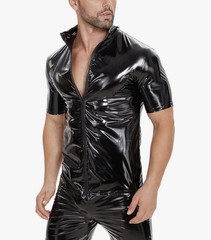 Men’s Sexy Leather Shirt Glossy Full Zipper Short Sleeve Shiny Male X Large