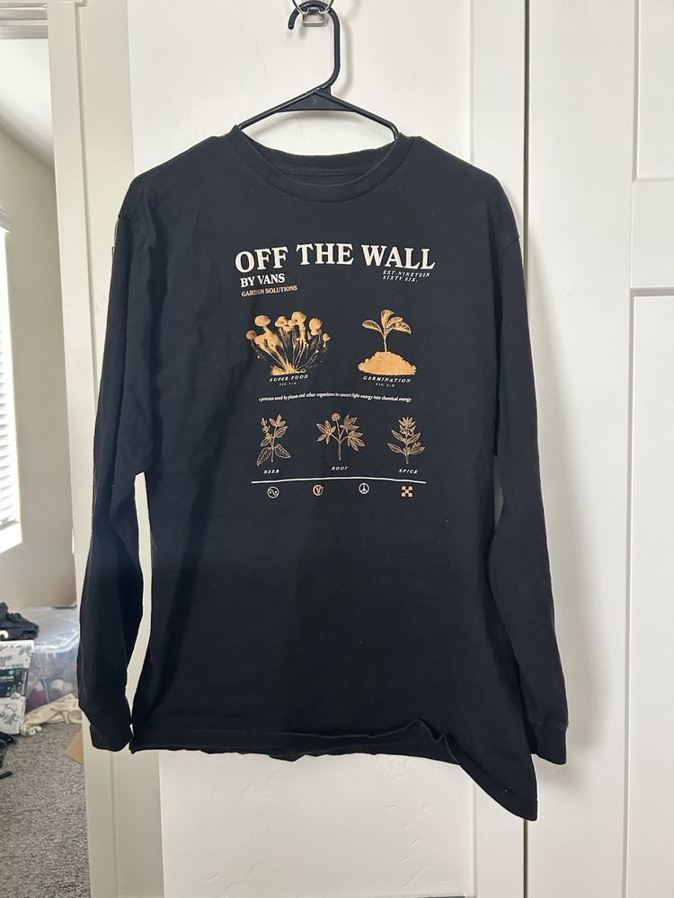 VANS Off the Wall Black Long Sleeve T-Shirt Size L, 100% Cotton