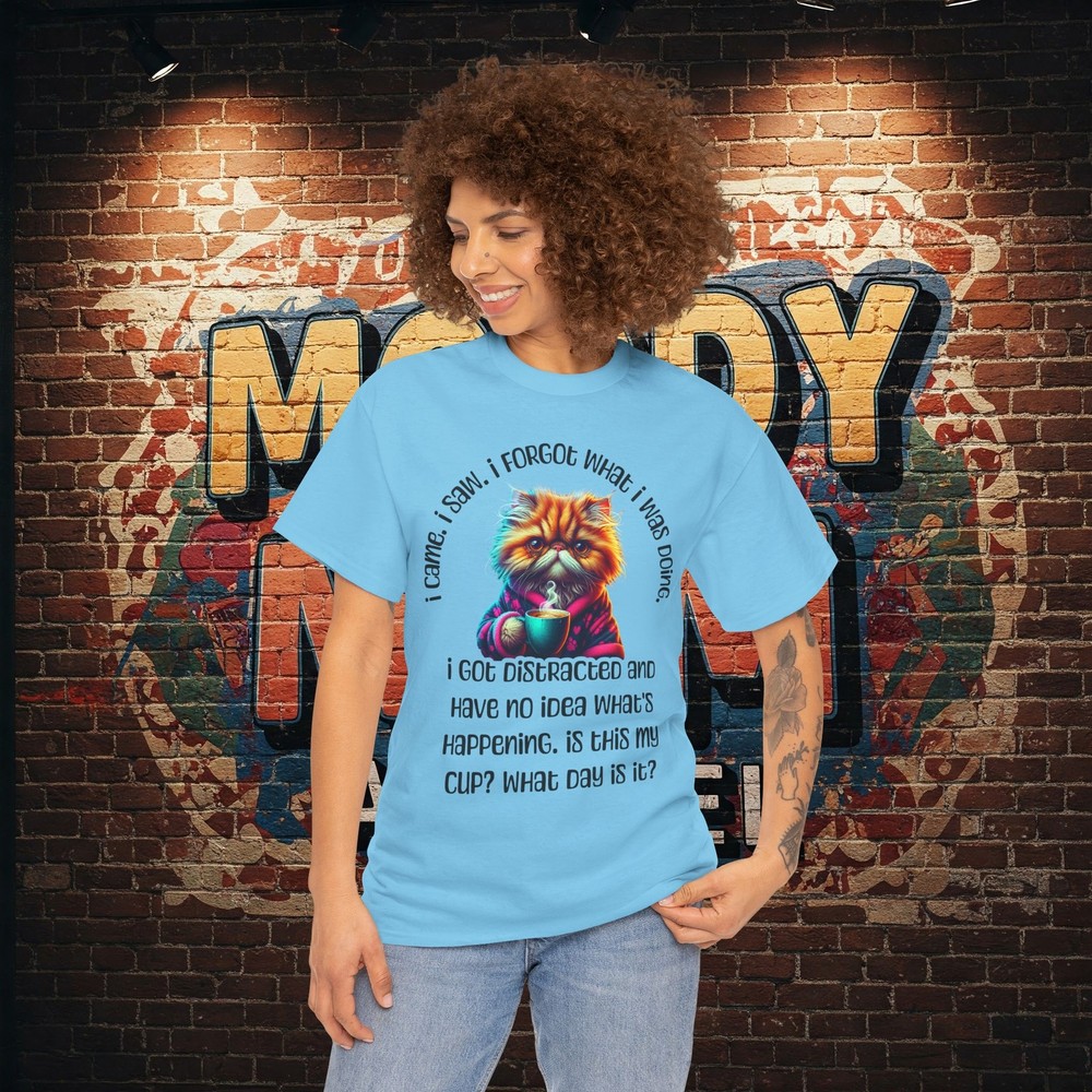 Funny Cat & Coffee Tee – I Came. I Saw. I Forgot What I Was Doing. Aging Humor