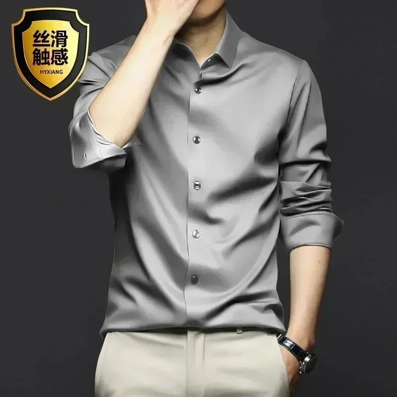 Men’s Long Sleeve Shirt Pure Color Shirt Business Casual Ice Silk Glossy Shirt