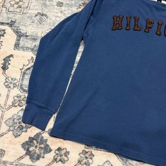 Tommy Hilfiger Vintage Style Blue Waffle Knit Long Sleeve Shirt with Brown Spell