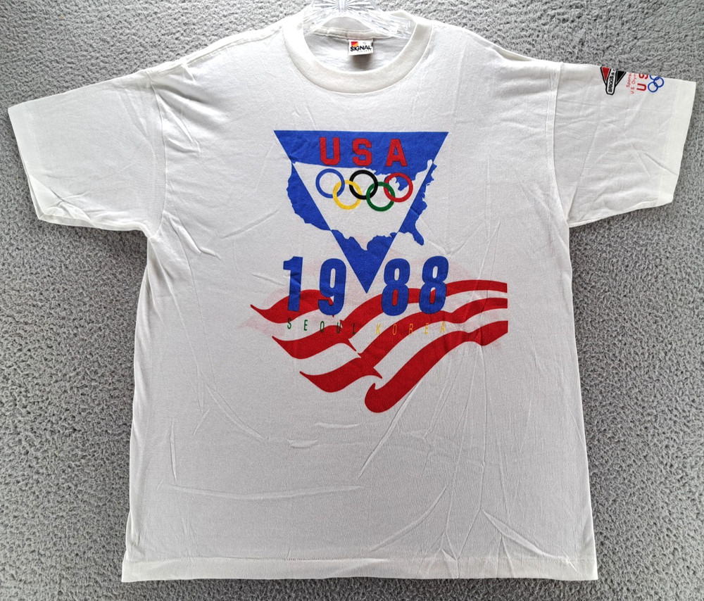 VINTAGE 1988 Olympics Seoul Korea T-Shirt Mens XL White Double-Sided Signal USA