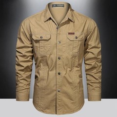 Men’s Long-Sleeve Western Shirts Cotton Button-Up Military Style