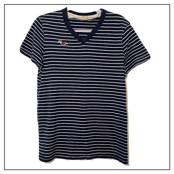 Hollister Shirt Men S Navy Casual Weekend Striped Short Sleeve V Neck Tee Y2K