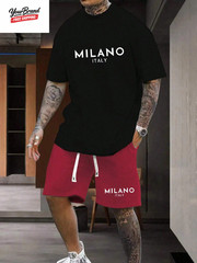 Man Soild Color Letter Print Sports T-Shirt Shorts Set Summer Men’S Short Sleeve