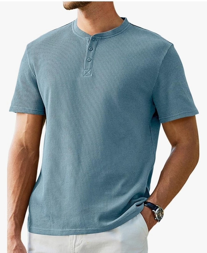 JMIERR Men’s Sz L Henley Shirts Waffle Cotton T-Shirt Gym Workout Athletic Tee.