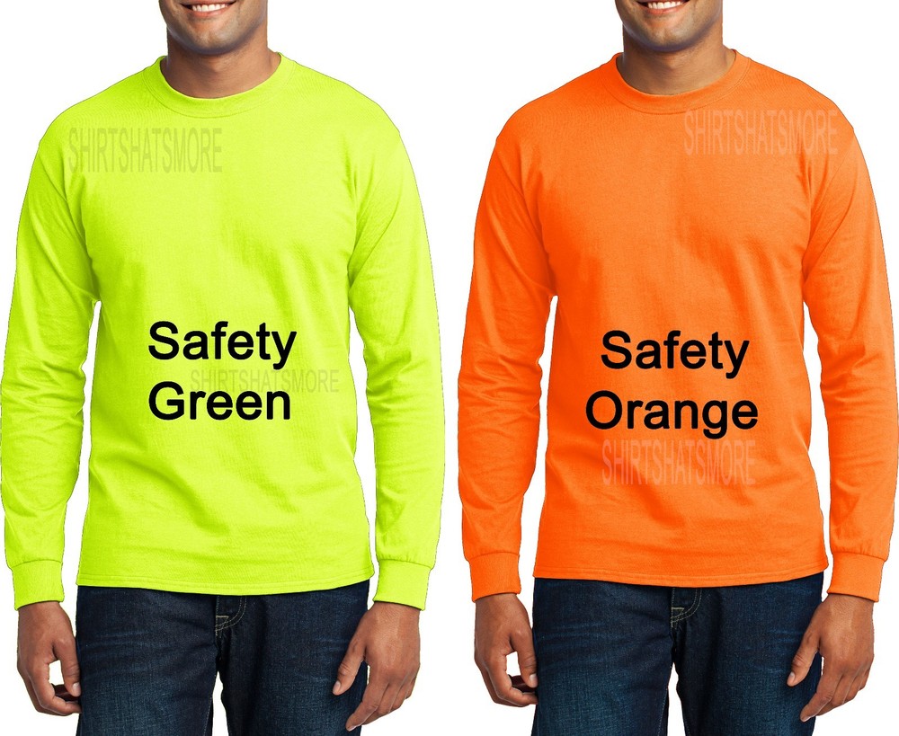 Mens Long Sleeve T-Shirt Safety Green Orange High Vis S M L XL 2X 3X 4X 5X 6X