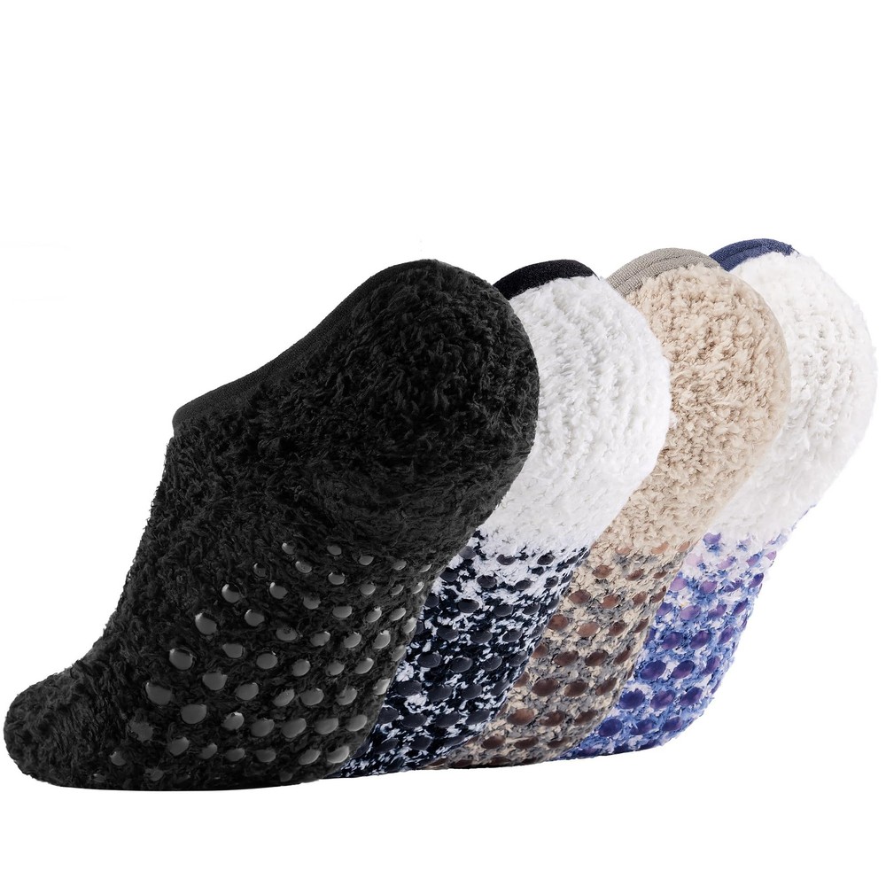 4 Pairs Slipper Socks for Women, Grippers Non Slip Fuzzy Socks with Grip Hosp…
