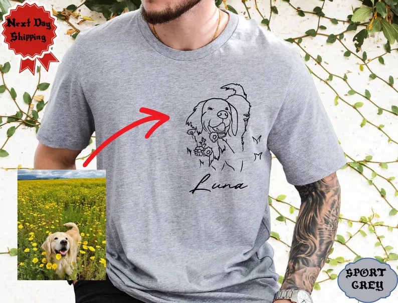 Custom Pet Portrait Outline Photo Comfort Tee Shirt Personalized Dog Cat