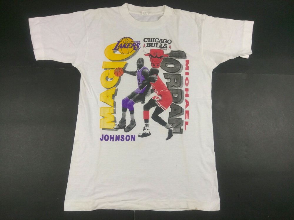 Vintage Michael Jordan Magic Johnson Lakers Vs Bulls T Shirt Mens Large L White
