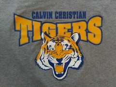 Vintage Calvin Christian Tigers School Men’s T-Shirt by Russell Athletic Sz XL